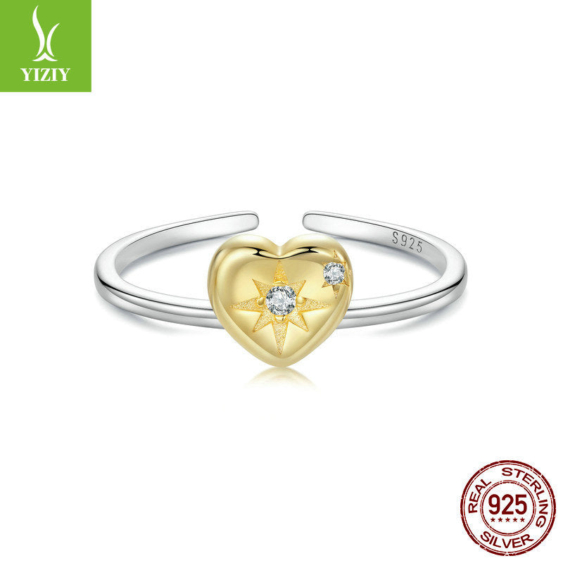 BeatWizards Original Couple's 18K Gold Plated Love Splicing Open Ring Starry Heart s925 Pure Silver Ring