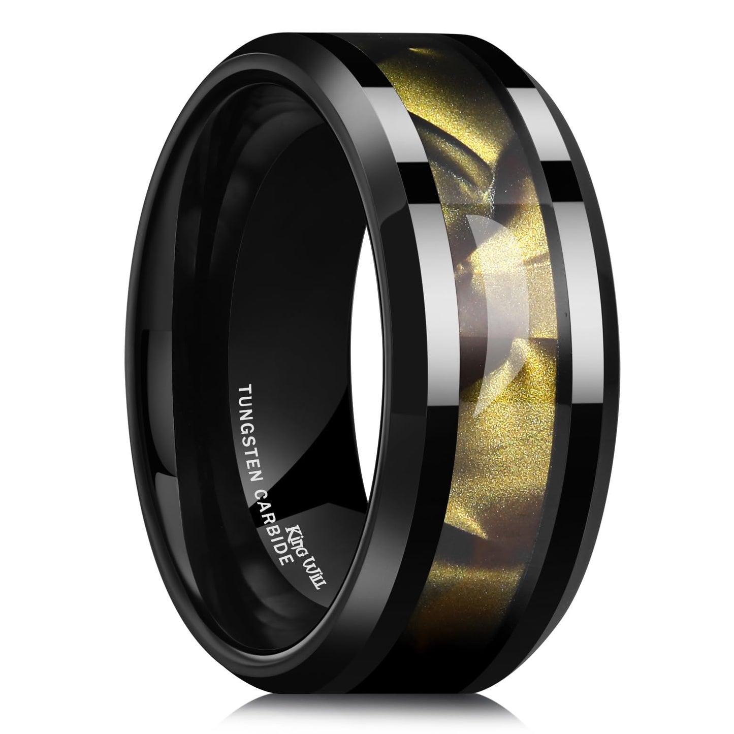 King Will Tungsten Carbide Wedding Band for Men - 8mm Black High Polished Inlay Green/Black Olive Shell Texture Patterns for Everyday Wear Comfort Fit