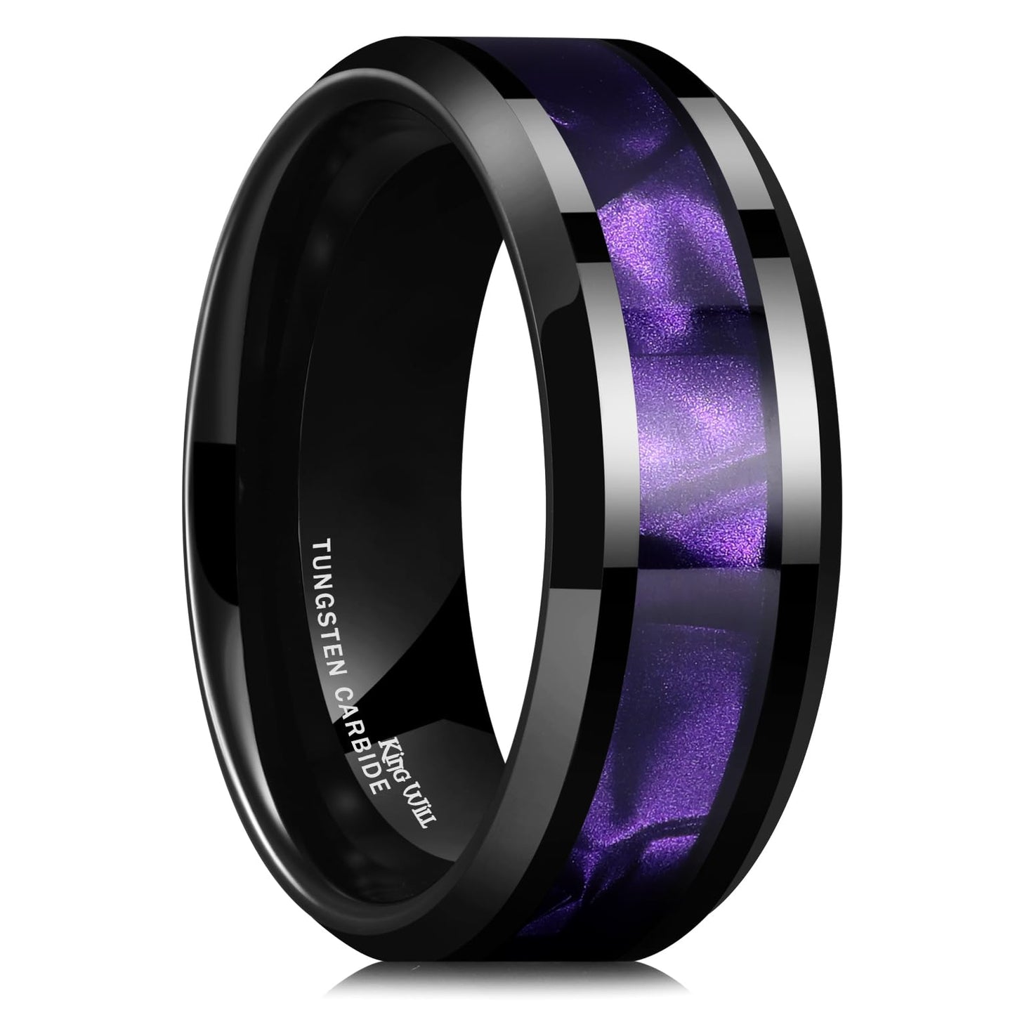 King Will Tungsten Carbide Wedding Band for Men - 8mm Black High Polished Inlay Green/Black Olive Shell Texture Patterns for Everyday Wear Comfort Fit