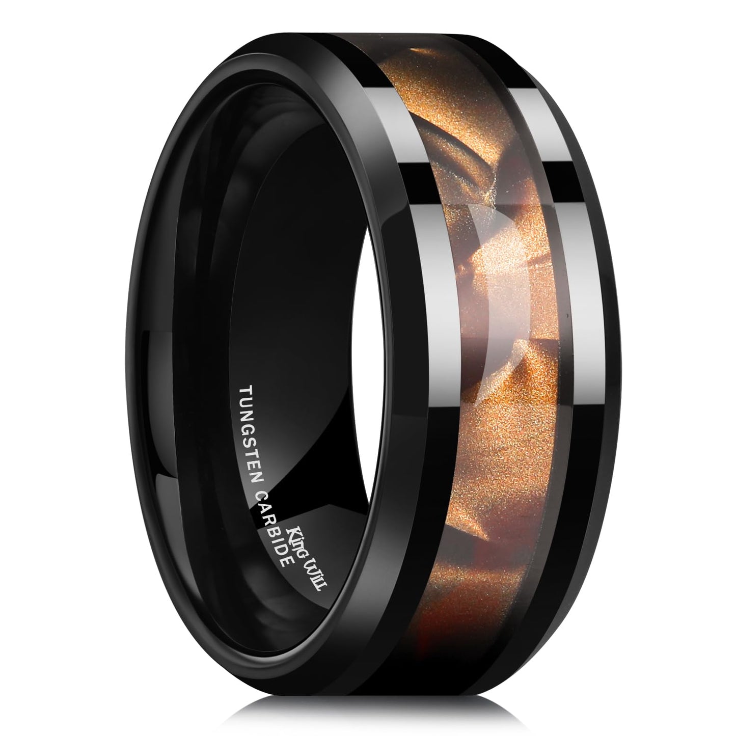 King Will Tungsten Carbide Wedding Band for Men - 8mm Black High Polished Inlay Green/Black Olive Shell Texture Patterns for Everyday Wear Comfort Fit