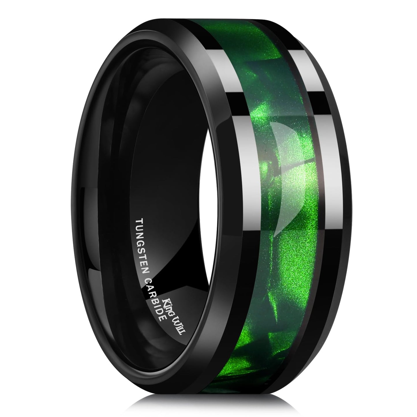 King Will Tungsten Carbide Wedding Band for Men - 8mm Black High Polished Inlay Green/Black Olive Shell Texture Patterns for Everyday Wear Comfort Fit