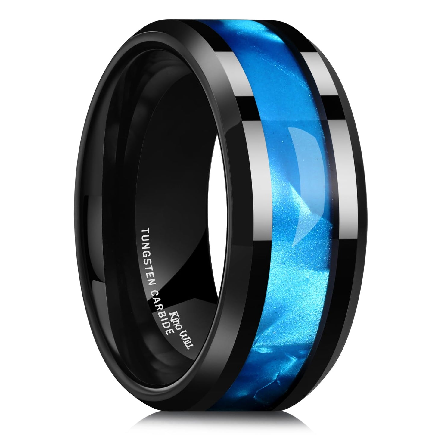 King Will Tungsten Carbide Wedding Band for Men - 8mm Black High Polished Inlay Green/Black Olive Shell Texture Patterns for Everyday Wear Comfort Fit
