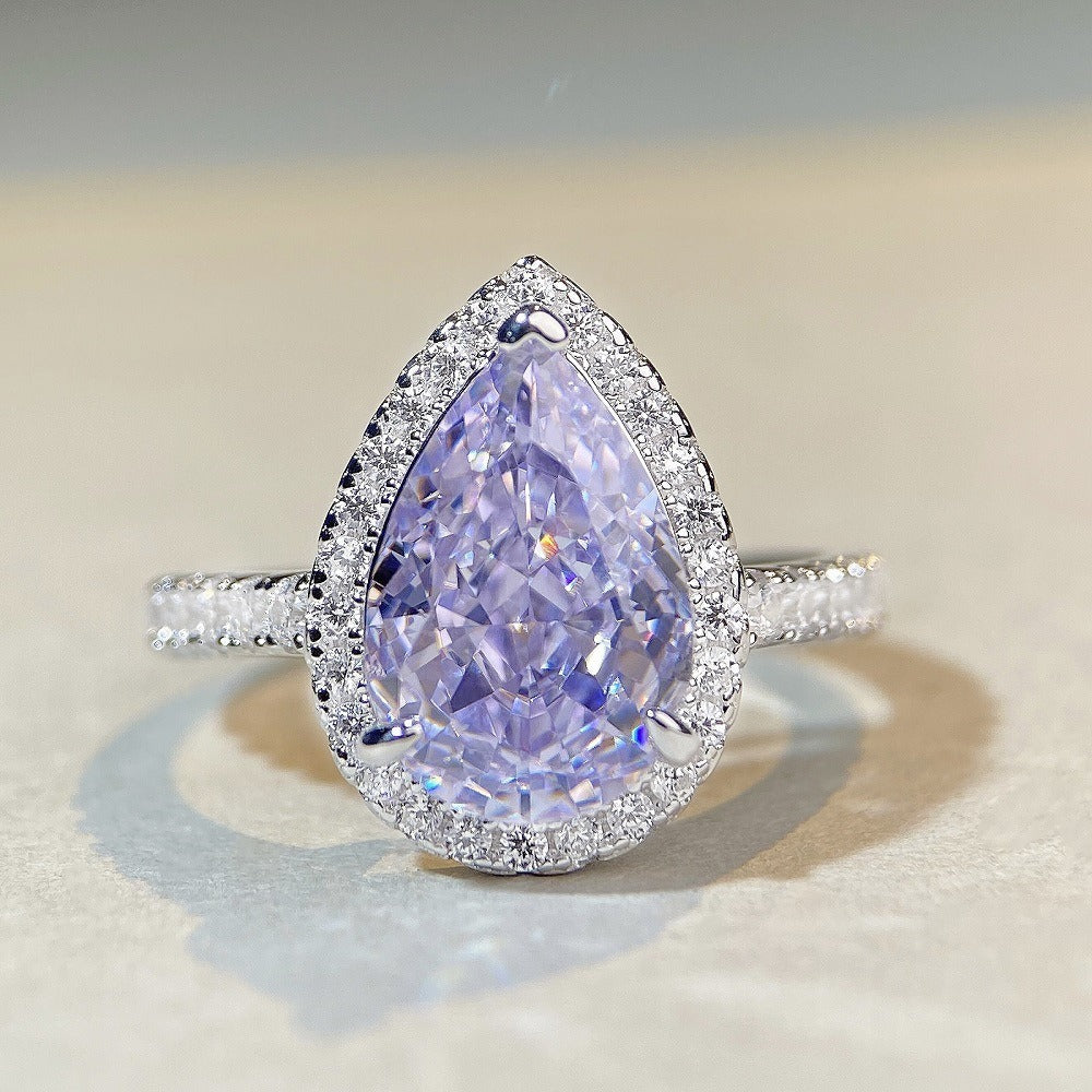 BeatWizards sterling silver pear-shaped ring lavender purple high carbon diamond gemstone diamond ring European and American zircon ring