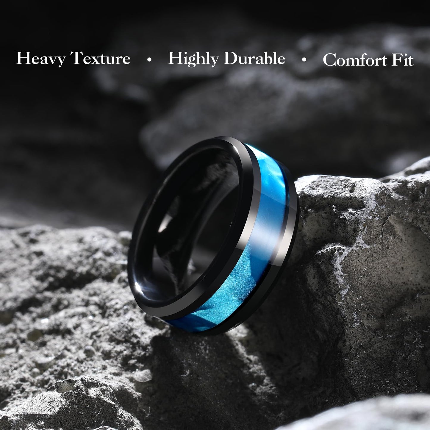 King Will Tungsten Carbide Wedding Band for Men - 8mm Black High Polished Inlay Green/Black Olive Shell Texture Patterns for Everyday Wear Comfort Fit