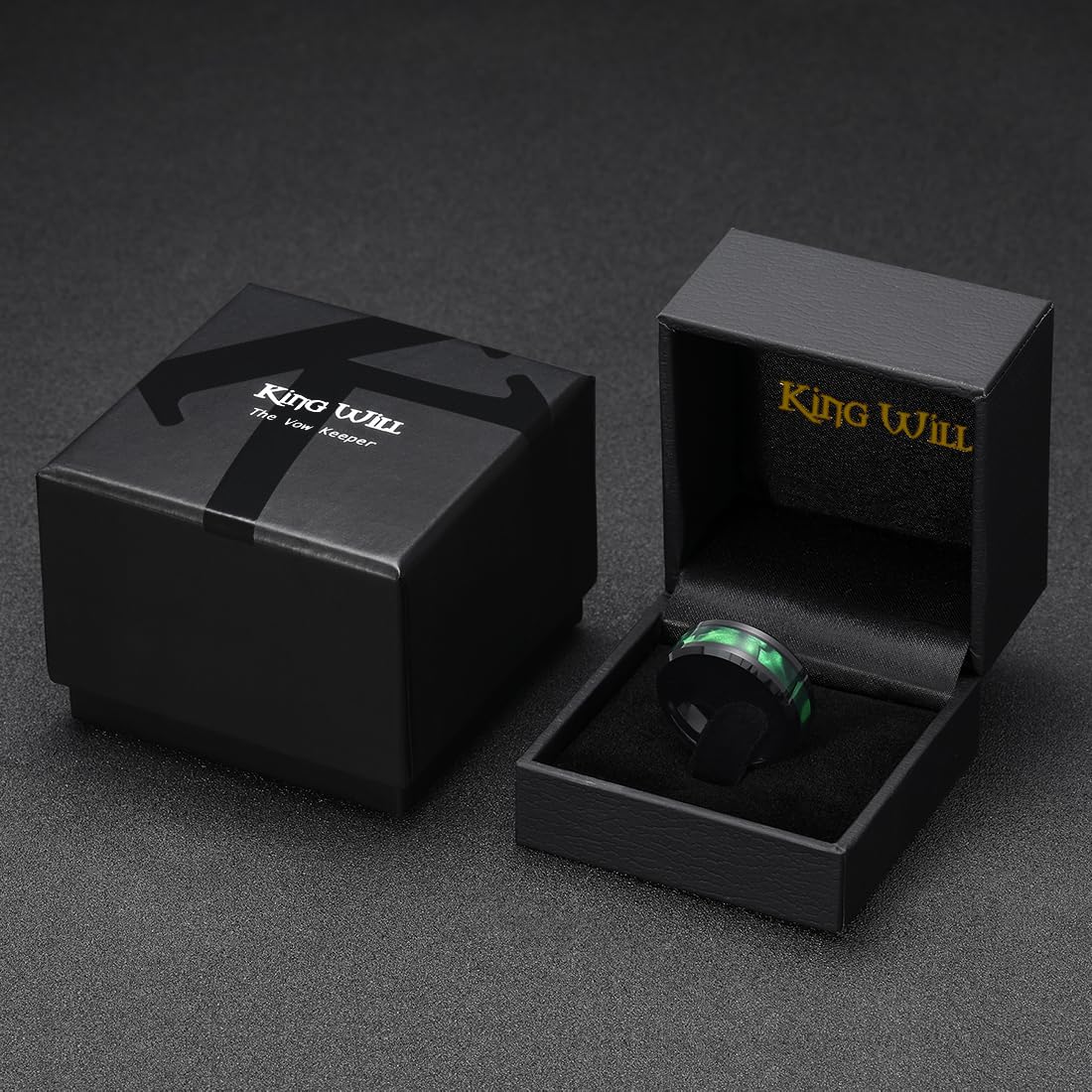 King Will Tungsten Carbide Wedding Band for Men - 8mm Black High Polished Inlay Green/Black Olive Shell Texture Patterns for Everyday Wear Comfort Fit