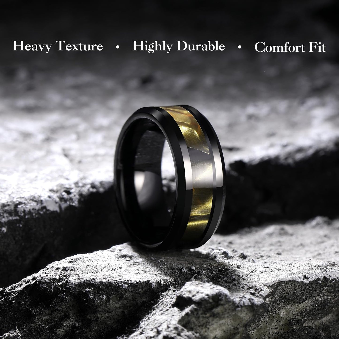 King Will Tungsten Carbide Wedding Band for Men - 8mm Black High Polished Inlay Green/Black Olive Shell Texture Patterns for Everyday Wear Comfort Fit