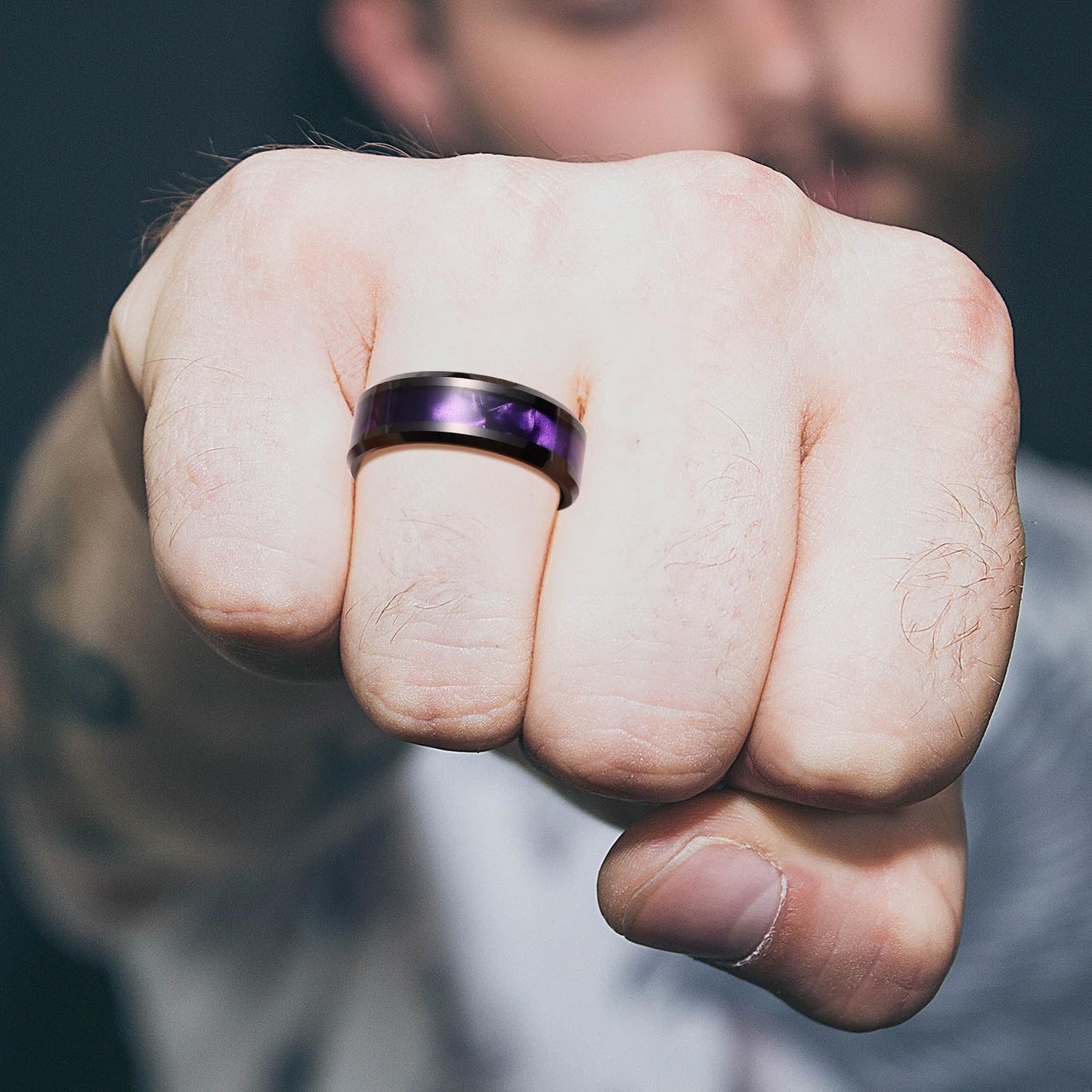 King Will Tungsten Carbide Wedding Band for Men - 8mm Black High Polished Inlay Green/Black Olive Shell Texture Patterns for Everyday Wear Comfort Fit