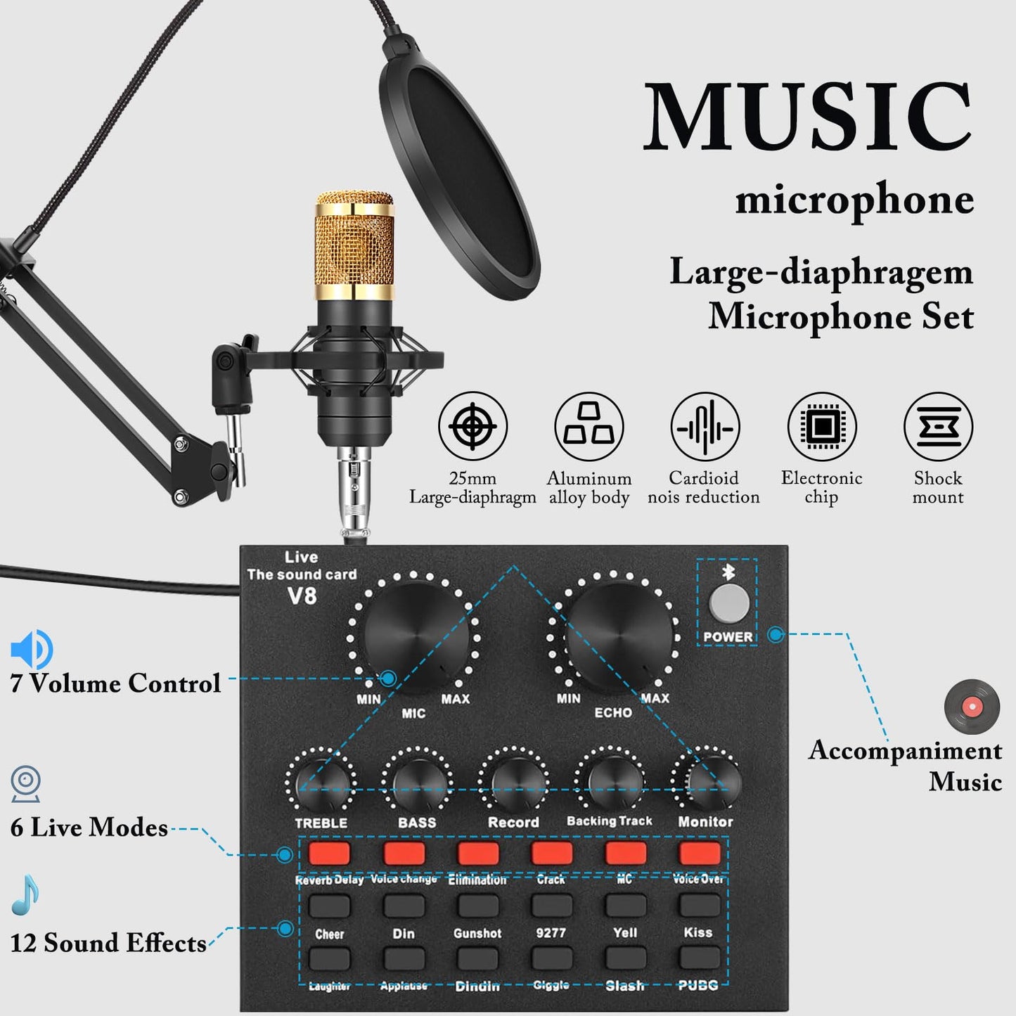 BeatWizards Podcast Equipment Bundle, Audio Interface with Voice Changer and BM800 Condenser Microphone, Recording Studio Package Perfect for Recording, Broadcasting, Live Streaming, YouTube, TikTok (BM800-V8G)