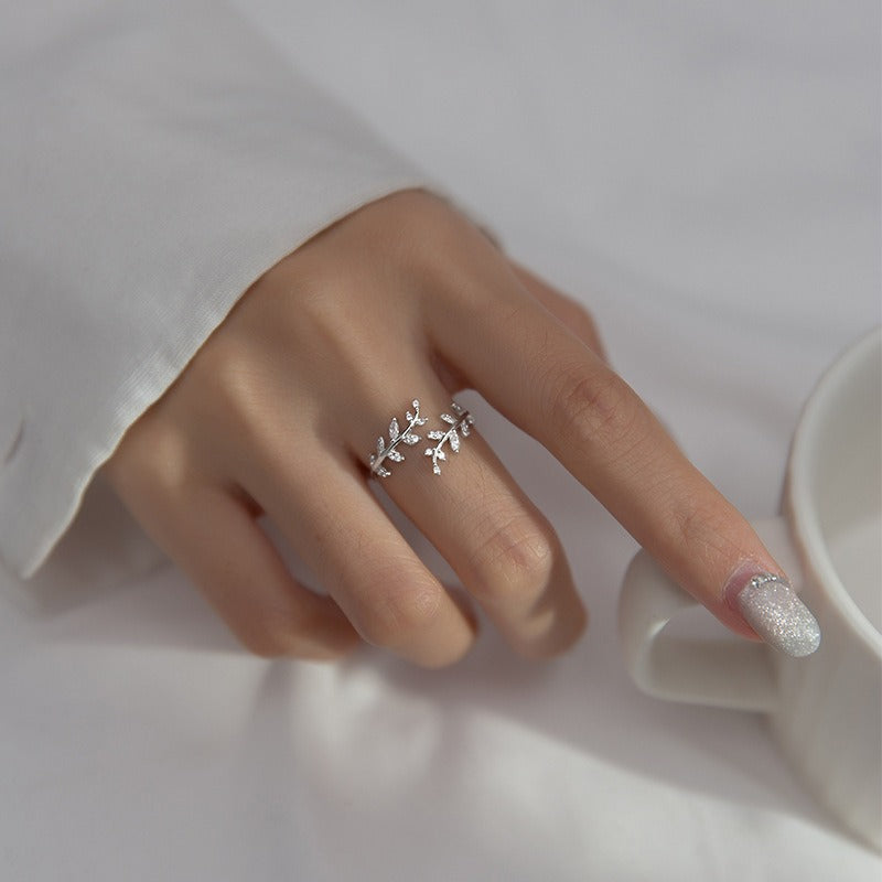 BeatWizards sterling silver diamond branch bud ring for women with branch and leaf open ring