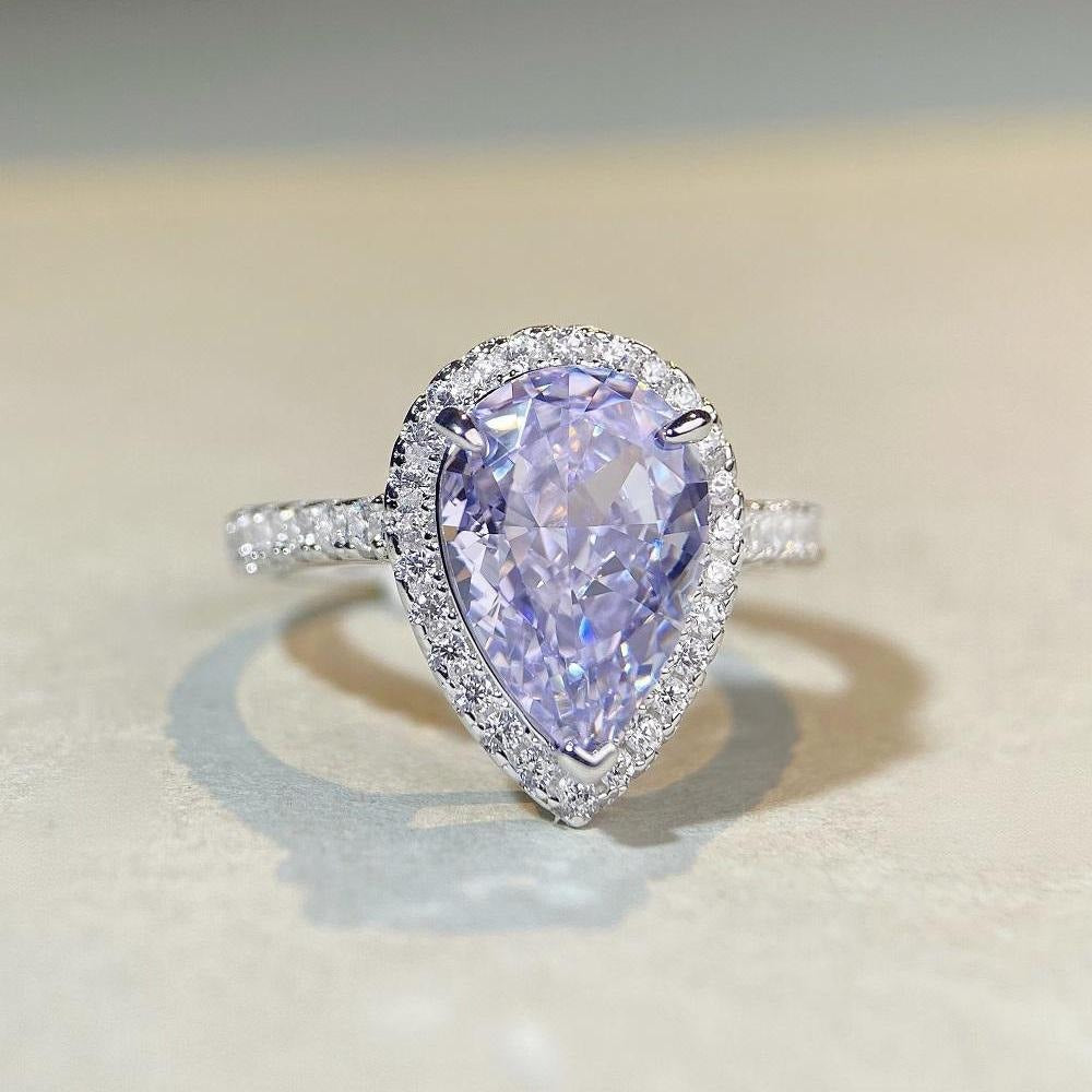 BeatWizards sterling silver pear-shaped ring lavender purple high carbon diamond gemstone diamond ring European and American zircon ring