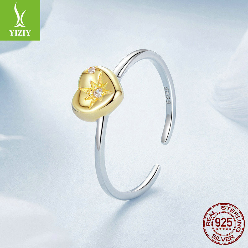 BeatWizards Original Couple's 18K Gold Plated Love Splicing Open Ring Starry Heart s925 Pure Silver Ring