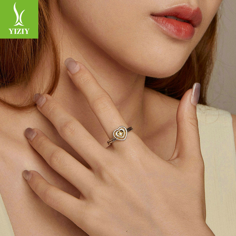 BeatWizards Original Couple's 18K Gold Plated Love Splicing Open Ring Starry Heart s925 Pure Silver Ring