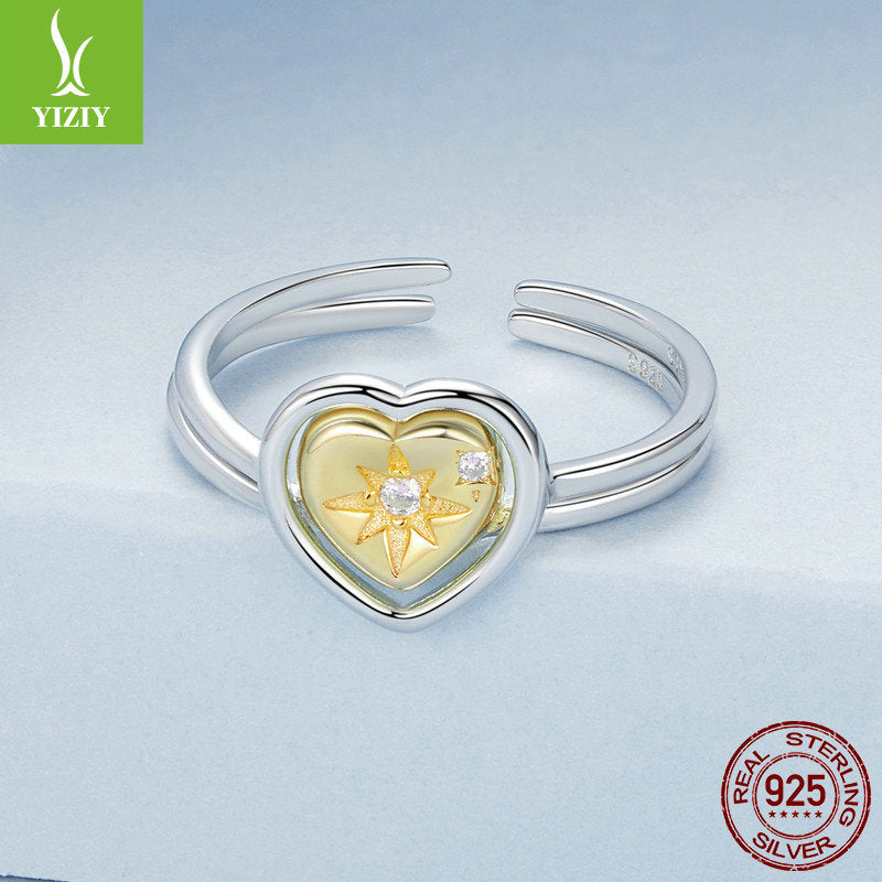 BeatWizards Original Couple's 18K Gold Plated Love Splicing Open Ring Starry Heart s925 Pure Silver Ring