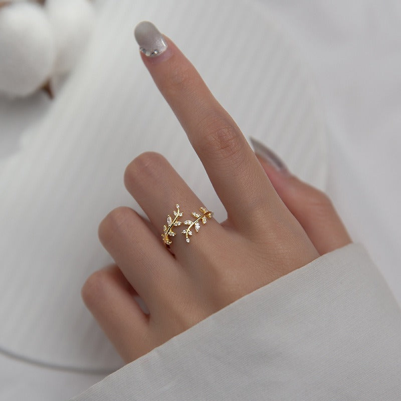 BeatWizards sterling silver diamond branch bud ring for women with branch and leaf open ring