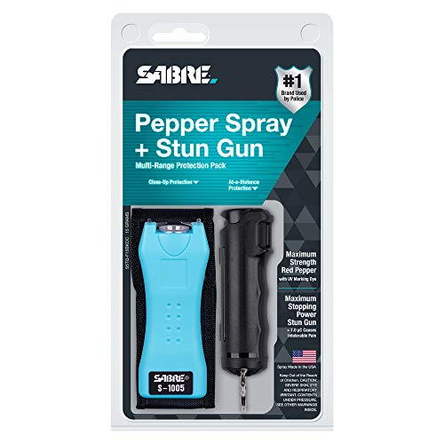 SABRE Pepper Spray & 2-in-1 Stun Gun with Flashlight, Self Defense Kit, Fast Flip Top Safety, Finger Grip for Better & Faster Aim, Painful 1.60 µC Charge, 120 Lumen LED Light, Rechargeable, 0.54 fl oz