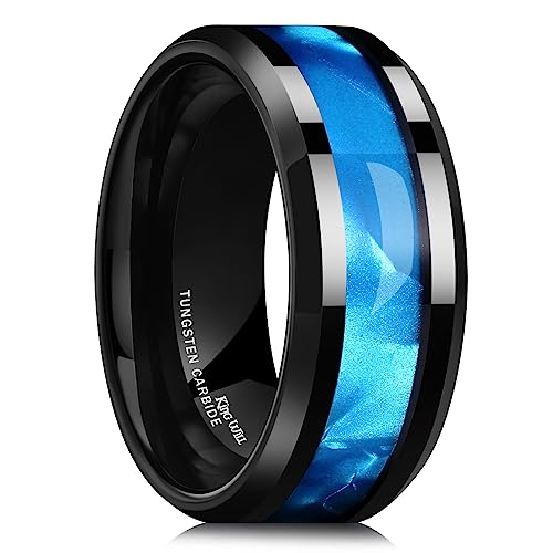 King Will Tungsten Carbide Wedding Band for Men - 8mm Black High Polished Inlay Green/Black Olive Shell Texture Patterns for Everyday Wear Comfort Fit