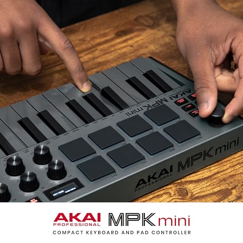 Akai Professional MPK Mini MK3 - 25 Key USB MIDI Keyboard Controller With 8 Backlit Drum Pads, 8 Knobs, Music Production Software and Native Instruments Sound Package (NKS Integration), White