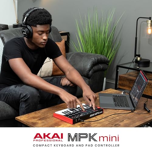 Akai Professional MPK Mini MK3 - 25 Key USB MIDI Keyboard Controller With 8 Backlit Drum Pads, 8 Knobs, Music Production Software and Native Instruments Sound Package (NKS Integration), White