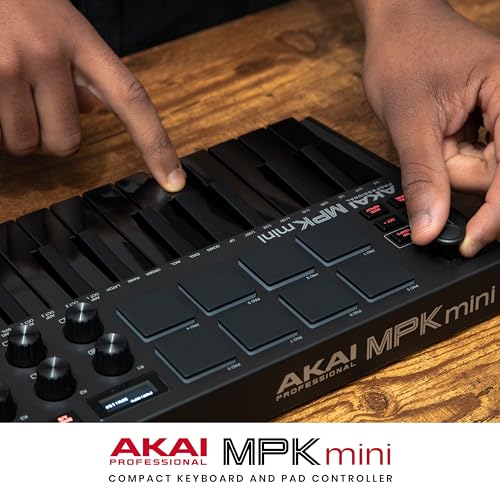 Akai Professional MPK Mini MK3 - 25 Key USB MIDI Keyboard Controller With 8 Backlit Drum Pads, 8 Knobs, Music Production Software and Native Instruments Sound Package (NKS Integration), White