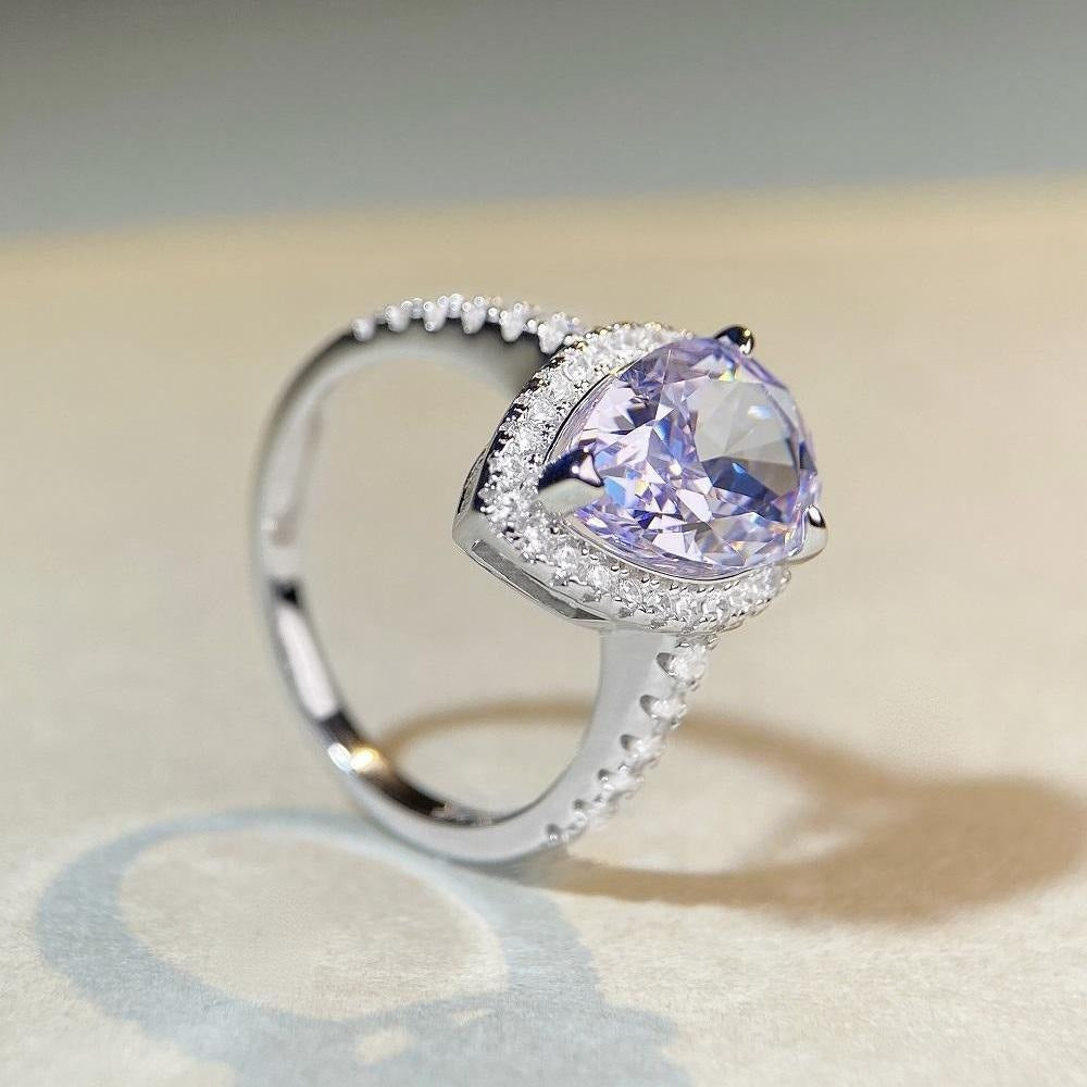 BeatWizards sterling silver pear-shaped ring lavender purple high carbon diamond gemstone diamond ring European and American zircon ring