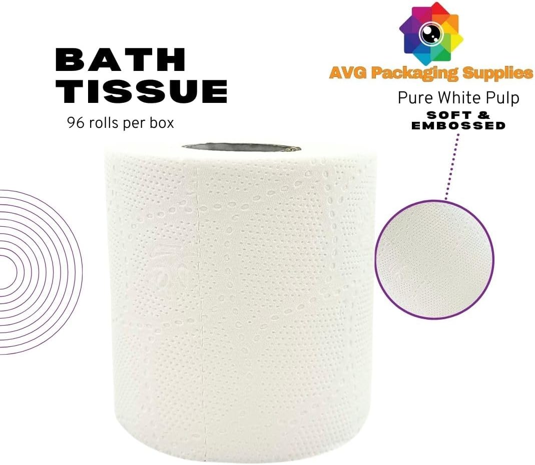 AVG - Rollos de papel de baño de alta calidad, 96 rollos por caja, ultra suaves y fuertes, ideales para uso doméstico y comercial. Cada caja incluye un generoso suministro de 96 rollos