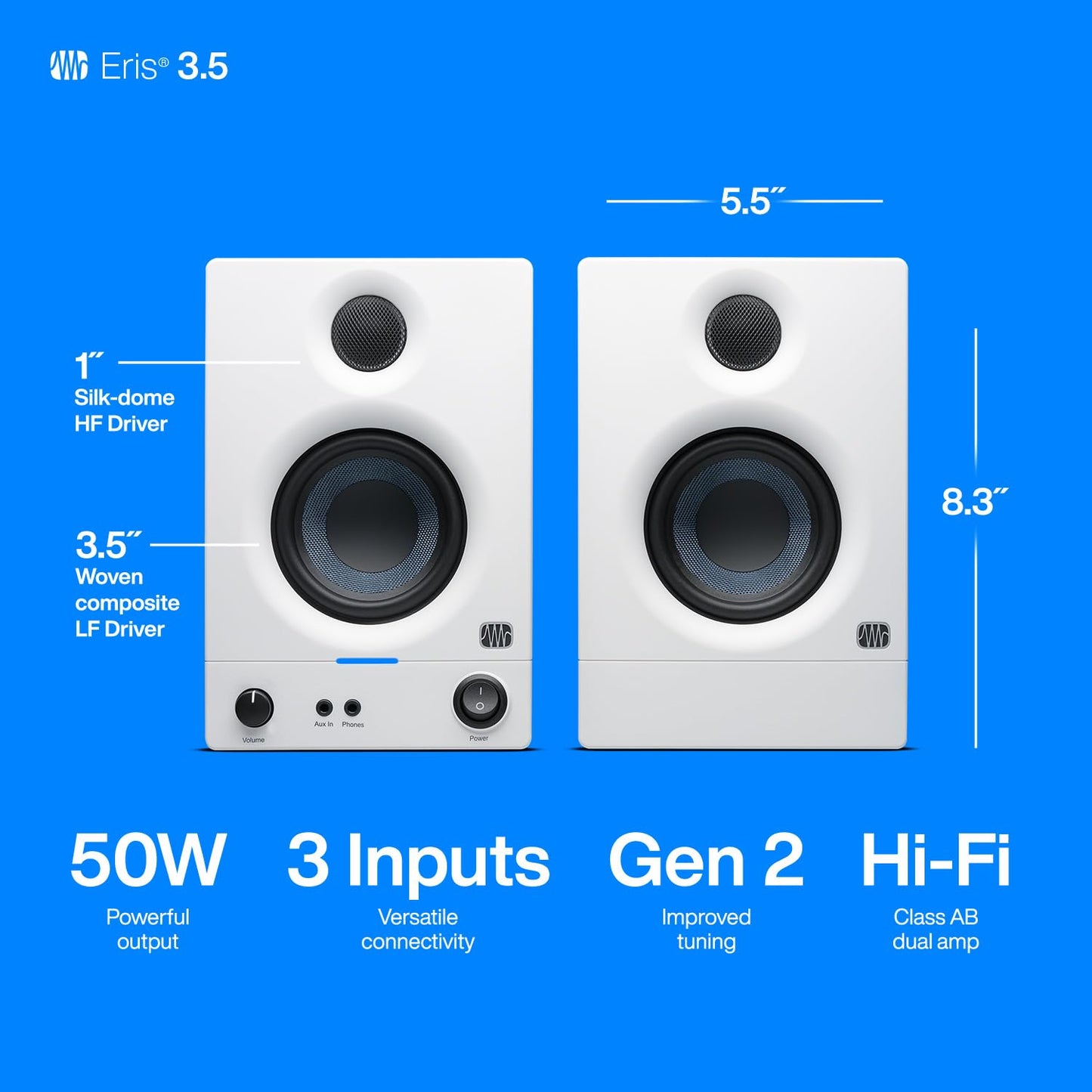 PreSonus Eris 3.5 Studio Monitors, Pair — Powered, Active Monitor Speakers for Near Field Music Production, Desktop Computer, Hi-Fi Audio