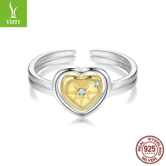 BeatWizards Original Couple's 18K Gold Plated Love Splicing Open Ring Starry Heart s925 Pure Silver Ring