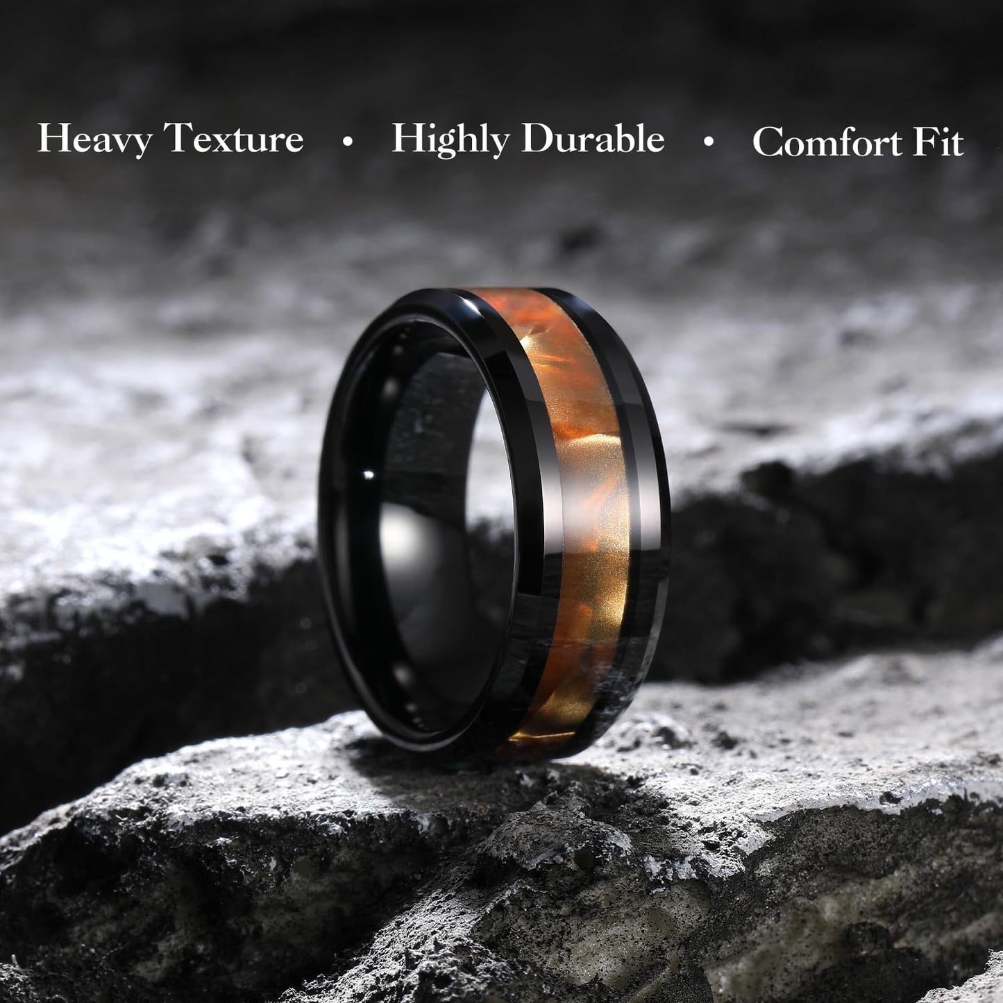 King Will Tungsten Carbide Wedding Band for Men - 8mm Black High Polished Inlay Green/Black Olive Shell Texture Patterns for Everyday Wear Comfort Fit