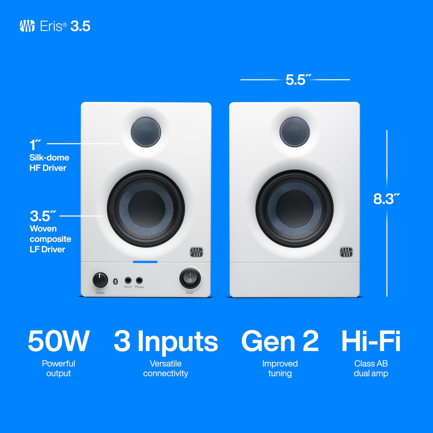 PreSonus Eris 3.5 Studio Monitors, Pair — Powered, Active Monitor Speakers for Near Field Music Production, Desktop Computer, Hi-Fi Audio