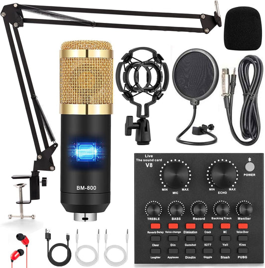 BeatWizards Podcast Equipment Bundle, Audio Interface with Voice Changer and BM800 Condenser Microphone, Recording Studio Package Perfect for Recording, Broadcasting, Live Streaming, YouTube, TikTok (BM800-V8G)