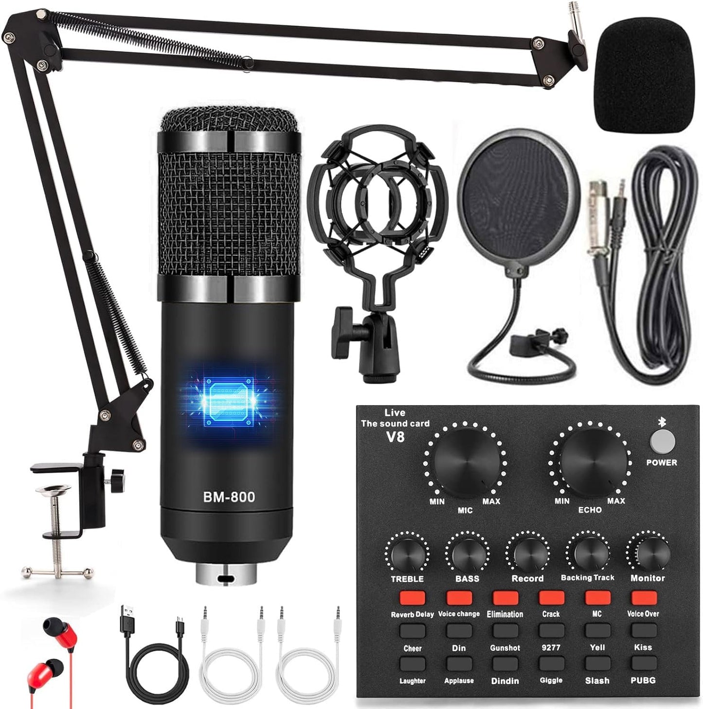 BeatWizards Podcast Equipment Bundle, Audio Interface with Voice Changer and BM800 Condenser Microphone, Recording Studio Package Perfect for Recording, Broadcasting, Live Streaming, YouTube, TikTok (BM800-V8G)