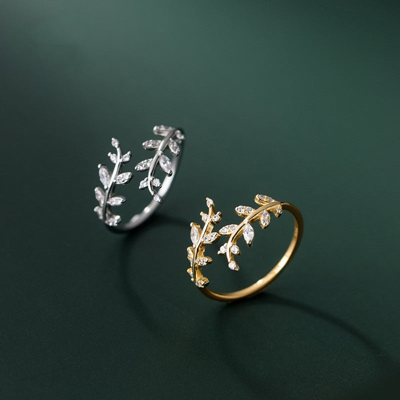 BeatWizards sterling silver diamond branch bud ring for women with branch and leaf open ring