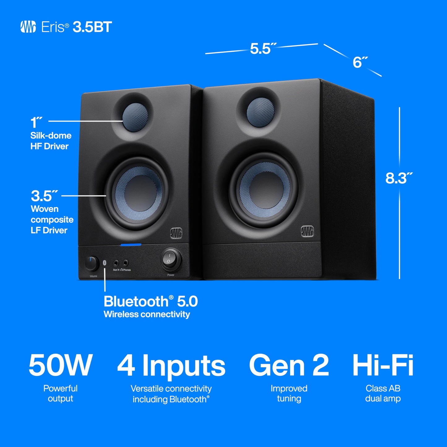 PreSonus Eris 3.5 Studio Monitors, Pair — Powered, Active Monitor Speakers for Near Field Music Production, Desktop Computer, Hi-Fi Audio