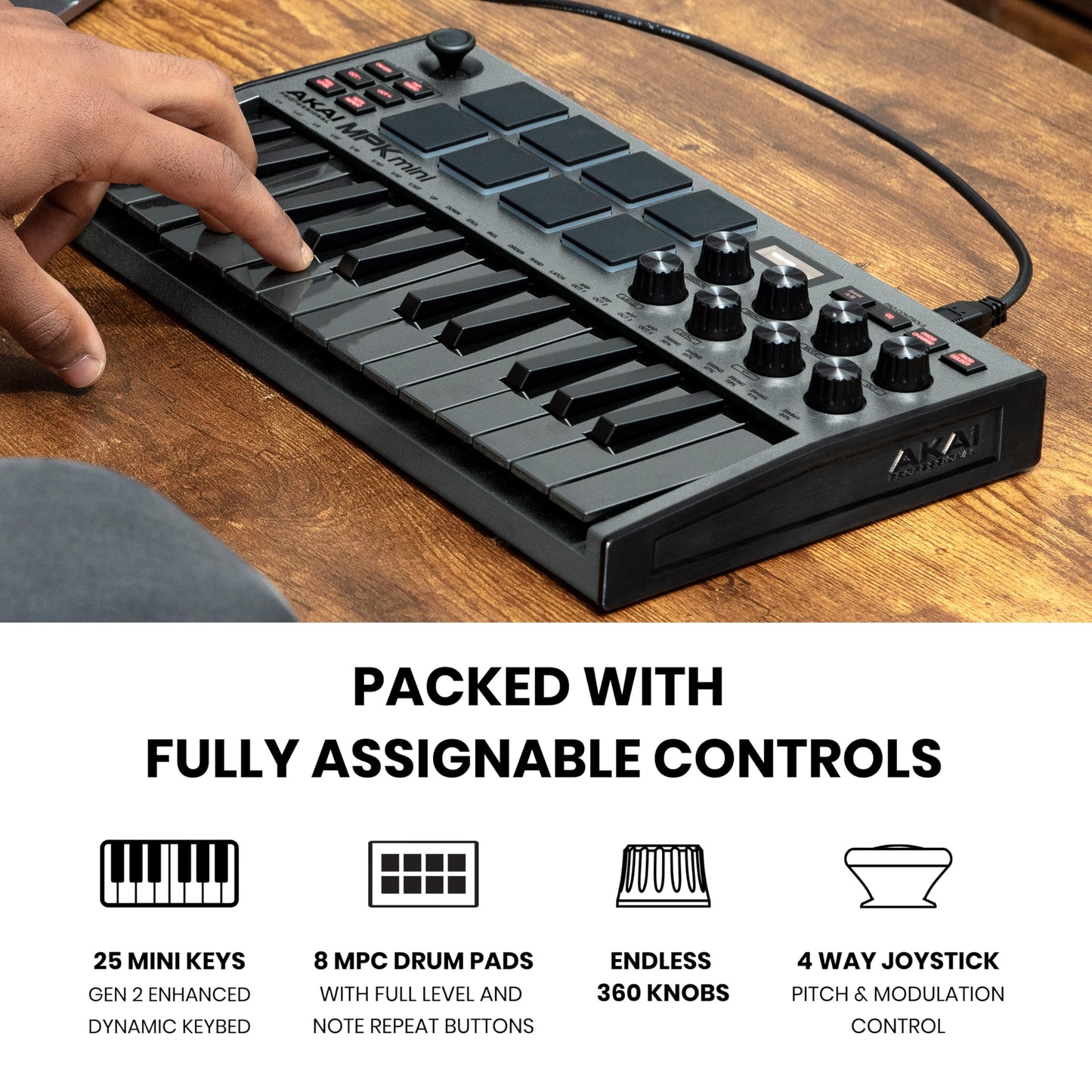 Akai Professional MPK Mini MK3 - 25 Key USB MIDI Keyboard Controller With 8 Backlit Drum Pads, 8 Knobs, Music Production Software and Native Instruments Sound Package (NKS Integration), White