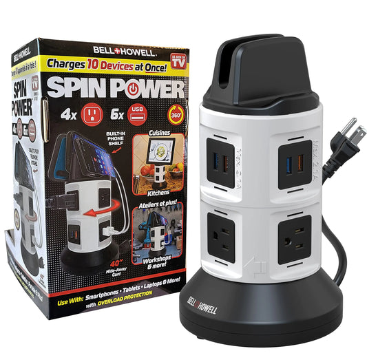 Bell+Howell BestWizsrds Spin Power Strip Tower Surge Protector - 4 Outlets 6 USB Ports 40" Retractable Cord 360° Rotation | Electric Charging Station with Built-in Phone & Tablet Holder | USB Outlet Extender