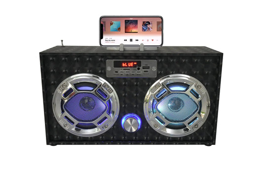 BeatWizards Academy Wireless Express - Boombox Speaker with LED Lights – Retro Bluetooth Speaker w/Enhanced FM Radio - Perfect for Home and Outdoor (Black)