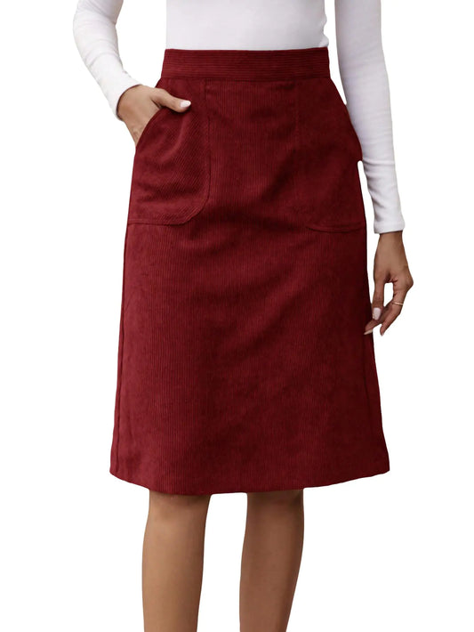 Kia Rose Milan Womens Corduroy Midi Skirt Slit Back High Waisted Straight Skirts with Pocket Burgundy Large