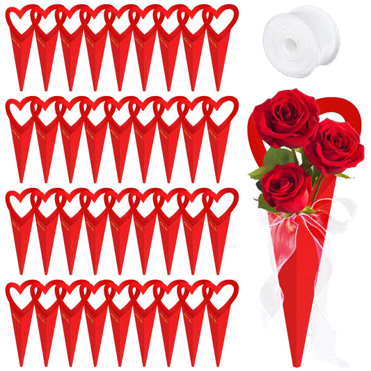 Olgaa 36 Counts Flower Bouquet BagsDIY Love Heart Shapes Single Flower Sleeve Floral Bouquet Bags Mothers Day Gifts Decorations Florist Box Packaging Lovely Gift for Mom Grandma Stepma Women (Red)